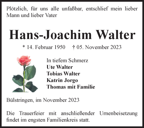 Traueranzeige von Hans-Joachim Walter von Volksstimme Haldensleben/Wolmirstedt