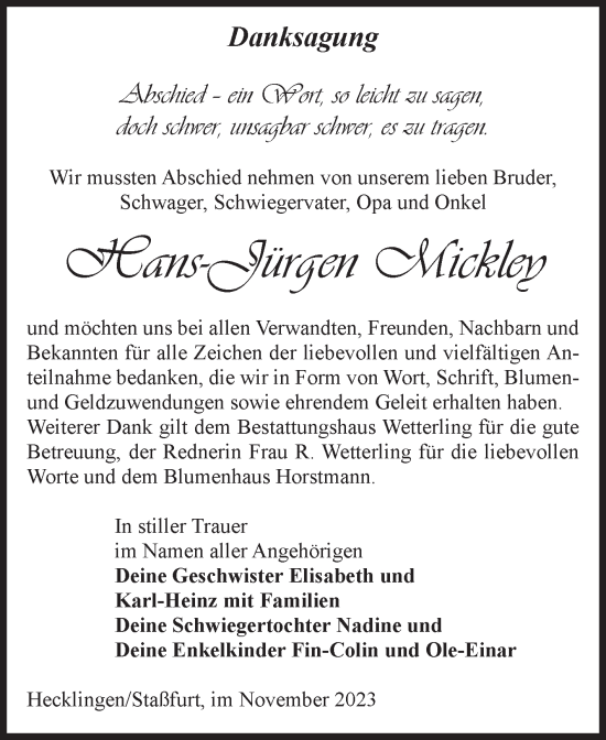 Traueranzeige von Hans-Jürgen Mickley von Volksstimme Staßfurt