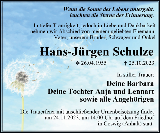 Traueranzeige von Hans-Jürgen Schulze von Trauerkombi Wittenberg