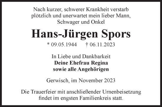 Traueranzeige von Hans-Jürgen Spors von Volksstimme Burg/Genthin