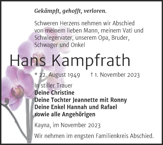 Traueranzeige von Hans Kampfrath von Trauerkombi Zeitz