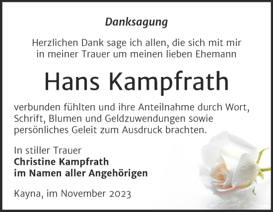 Traueranzeige von Hans Kampfrath von Trauerkombi Zeitz