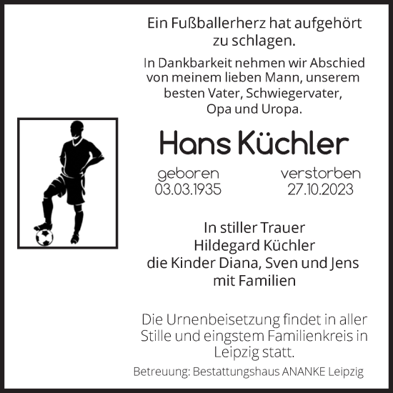 Traueranzeige von Hans Küchler von Volksstimme Altmark West