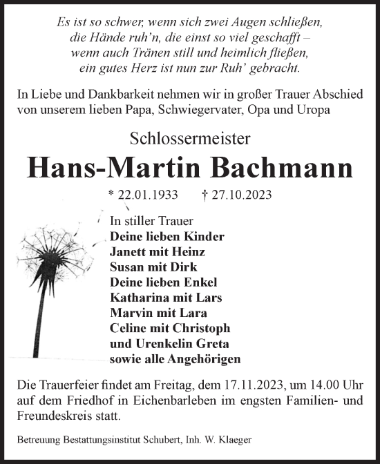 Traueranzeige von Hans-Martin Bachmann von Volksstimme Haldensleben/Wolmirstedt