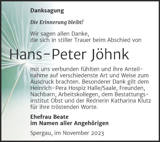 Traueranzeige von Hans-Peter Jöhnk von Trauerkombi Merseburg