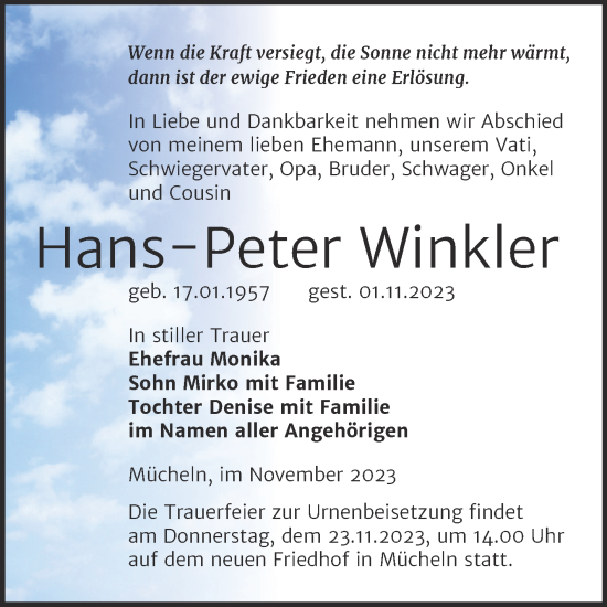Traueranzeige von Hans-Peter Winkler von Trauerkombi Merseburg