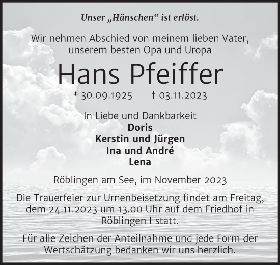 Traueranzeige von Hans Pfeiffer von Trauerkombi Mansfelder Land