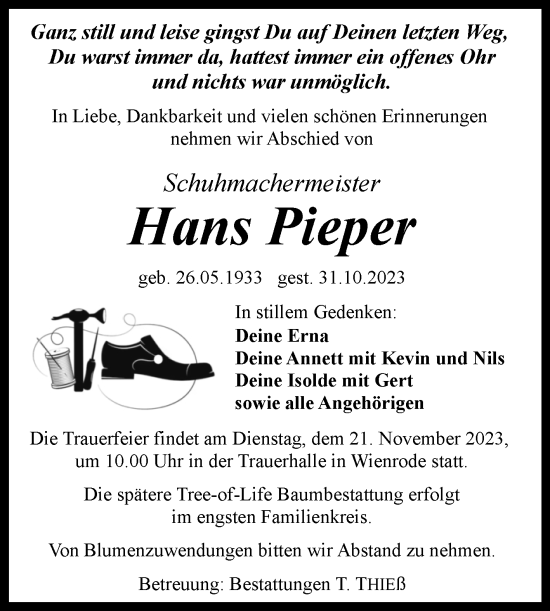 Traueranzeige von Hans Pieper von Volksstimme Wernigerode