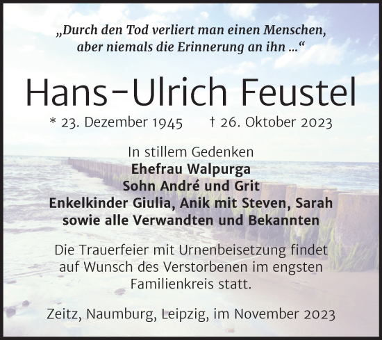 Traueranzeige von Hans-Ulrich Feustel von Naumburger Tageblatt