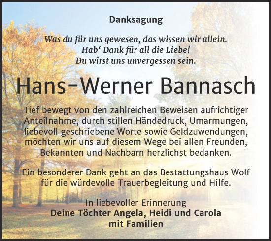 Traueranzeige von Hans-Werner Bannasch von Trauerkombi Weißenfels