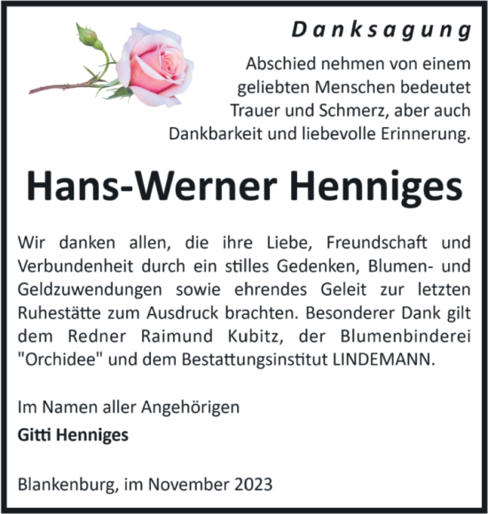 Traueranzeige von Hans-Werner Henniges von Volksstimme Wernigerode