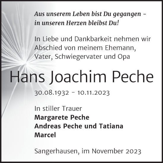 Traueranzeige von Hans Joachim Peche von Trauerkombi Sangerhausen