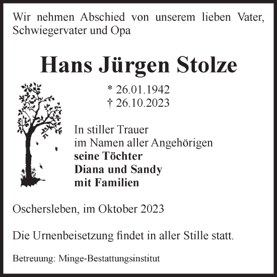 Traueranzeige von Hans Jürgen Stolze von Volksstimme Oschersleben/Wanzleben
