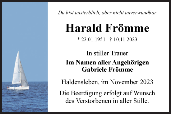 Traueranzeige von Harald Frömme von Volksstimme Haldensleben/Wolmirstedt