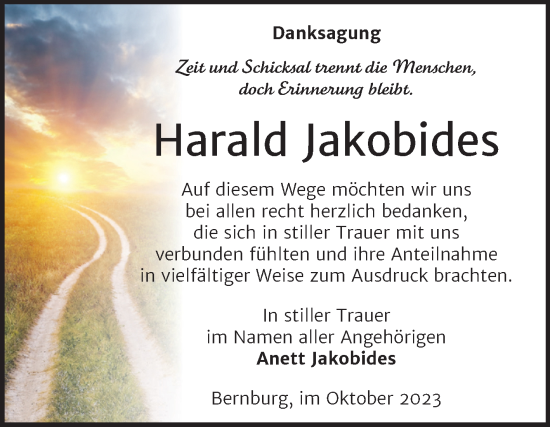 Traueranzeige von Harald Jakobides von Trauerkombi Bernburg