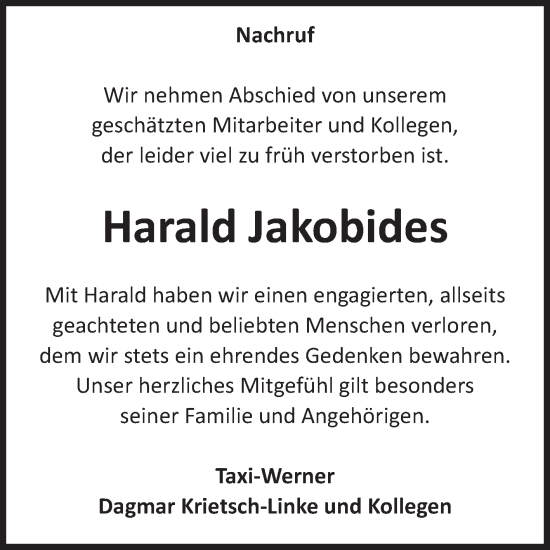 Traueranzeige von Harald Jakobides von Volksstimme Schönebeck