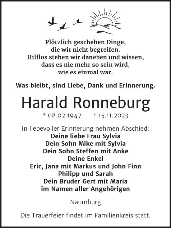 Traueranzeige von Harald Ronneburg von Naumburger Tageblatt