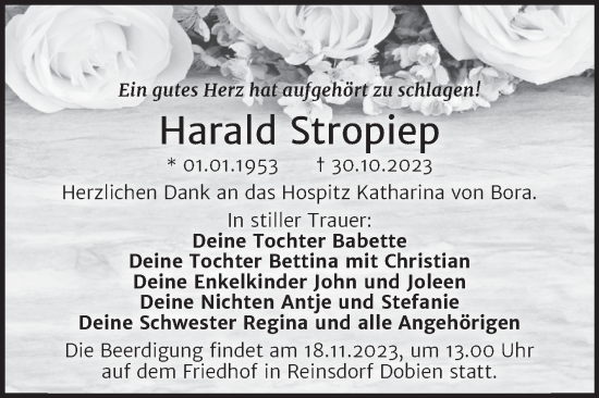 Traueranzeige von Harald Stropiep von Trauerkombi Wittenberg