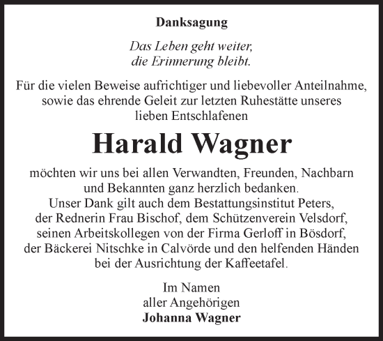 Traueranzeige von Harald Wagner von Volksstimme Haldensleben/Wolmirstedt