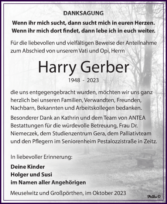 Traueranzeige von Harry Gerber von Trauerkombi Zeitz
