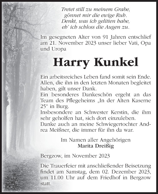 Traueranzeige von Harry Kunkel von Volksstimme Burg/Genthin