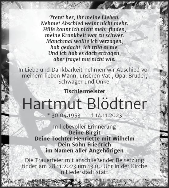 Traueranzeige von Hartmut Blödtner von Naumburger Tageblatt