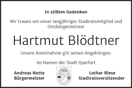 Traueranzeige von Hartmut Blödtner von Mitteldeutsche Zeitung Merseburg/Querfurt