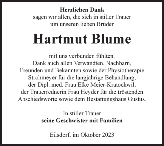 Traueranzeige von Hartmut Blume von Volksstimme Halberstadt