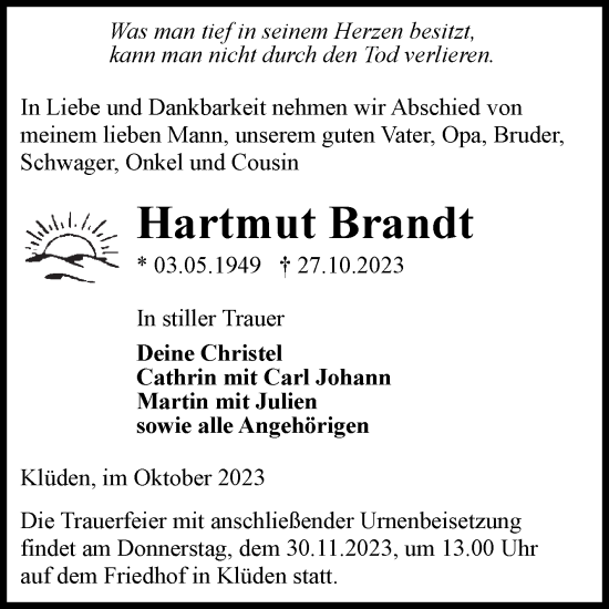 Traueranzeige von Hartmut Brandt von Volksstimme Haldensleben/Wolmirstedt