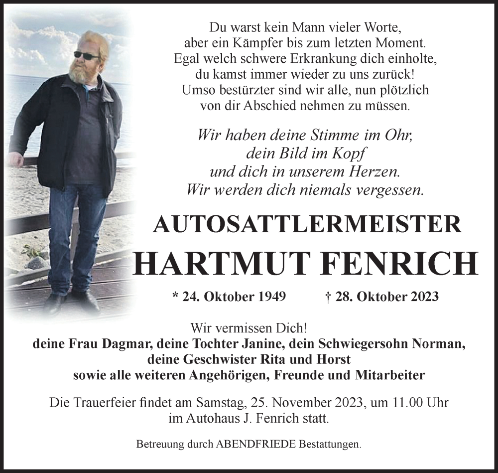  Traueranzeige für Hartmut Fenrich vom 11.11.2023 aus Volksstimme Magdeburg