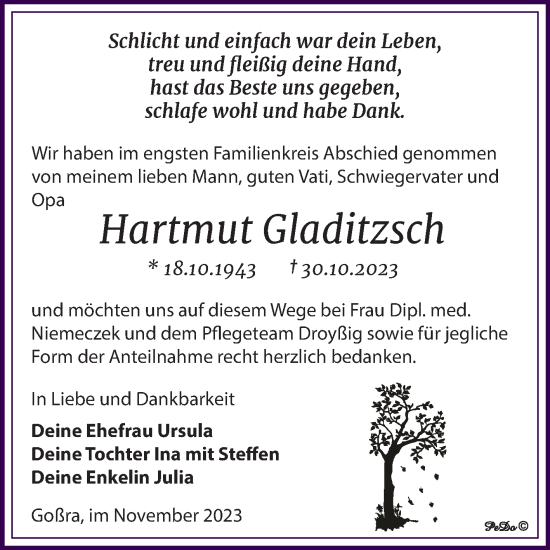 Traueranzeige von Hartmut Gladitzsch von Trauerkombi Zeitz
