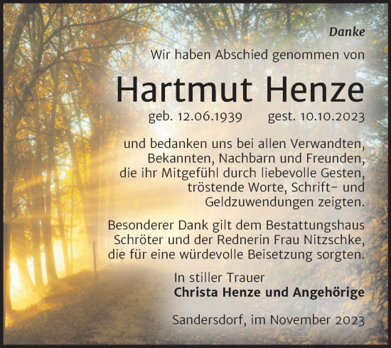 Traueranzeige von Hartmut Henze von Trauerkombi Bitterfeld