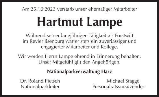Traueranzeige von Hartmut Lampe von Volksstimme Wernigerode