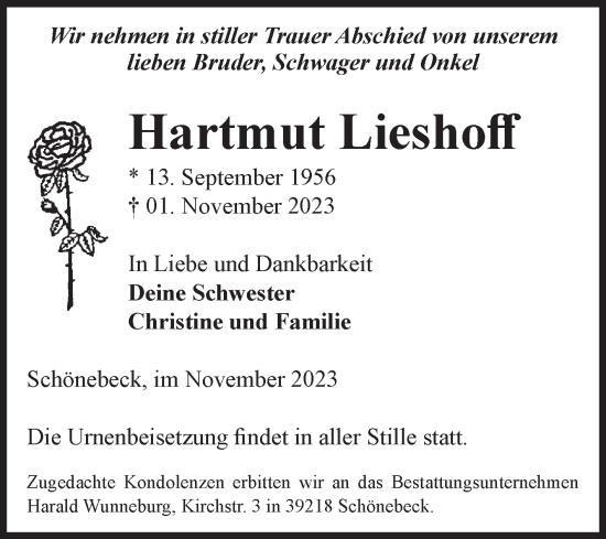 Traueranzeige von Hartmut Lieshoff von Volksstimme Schönebeck