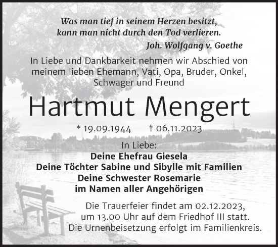 Traueranzeige von Hartmut Mengert von Trauerkombi Dessau