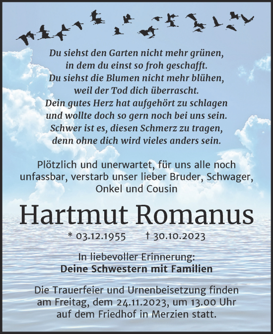 Traueranzeige von Hartmut Romanus von Trauerkombi Köthen