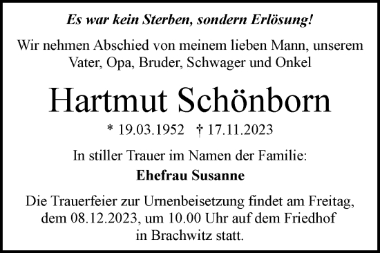 Traueranzeige von Hartmut Schönborn von Mitteldeutsche Zeitung Halle/Saalkreis