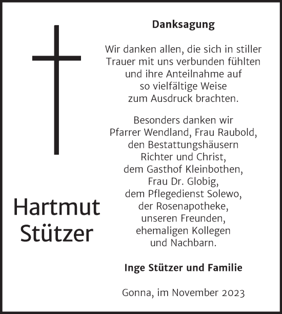 Traueranzeige von Hartmut Stützer von Trauerkombi Sangerhausen