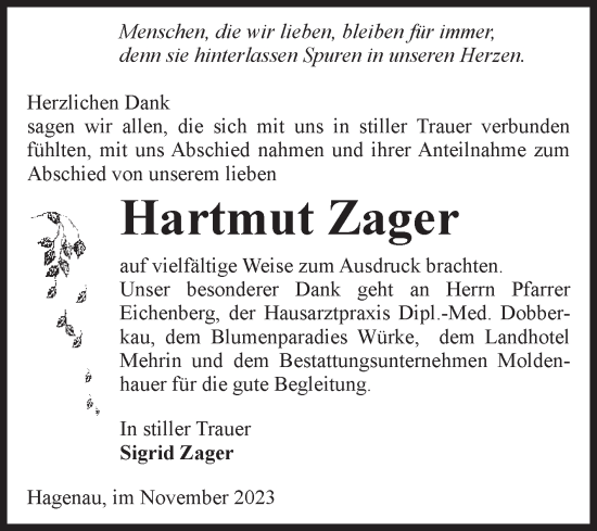 Traueranzeige von Hartmut Zager von Volksstimme Altmark Ost
