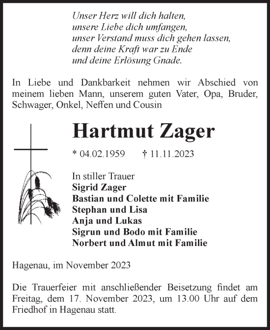 Traueranzeige von Hartmut Zager von Volksstimme Altmark Ost