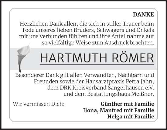 Traueranzeige von Hartmuth Römer von Trauerkombi Sangerhausen