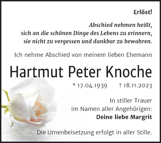 Traueranzeige von Hartmut Peter Knoche von Trauerkombi Aschersleben