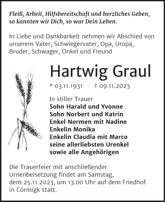 Traueranzeige von Hartwig Graul von Trauerkombi Bernburg