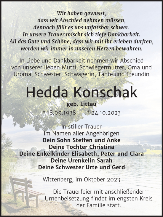 Traueranzeige von Hedda Konschak von Trauerkombi Wittenberg