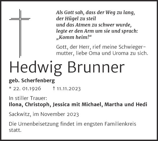 Traueranzeige von Hedwig Brunner von Trauerkombi Wittenberg