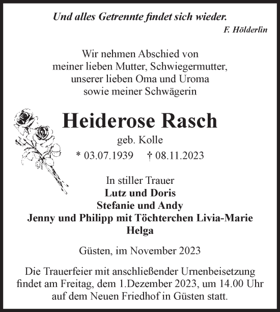 Traueranzeige von Heiderose Rasch von Volksstimme Staßfurt