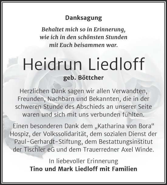 Traueranzeige von Heidrun Liedloff von Trauerkombi Wittenberg