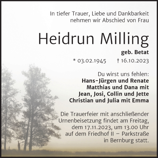 Traueranzeige von Heidrun Milling von Trauerkombi Bernburg