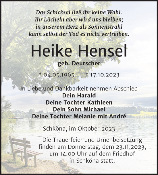Traueranzeige von Heike Hensel von Trauerkombi Wittenberg