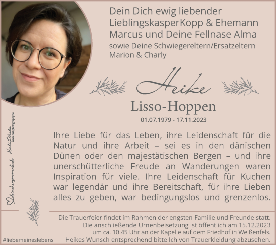 Traueranzeige von Heike Lisso-Hoppen von Trauerkombi Weißenfels